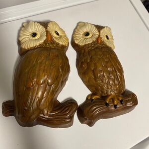 OWLS (2) wall hanging ceramic Vintage Brown White OWLS